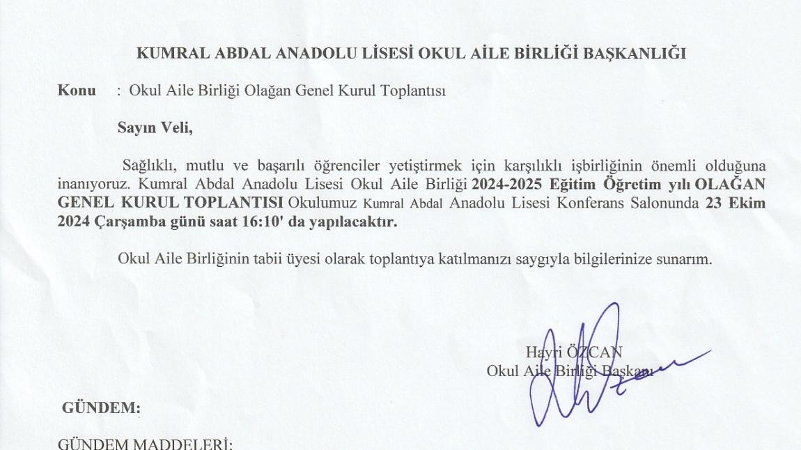 Okul Aile Birliği Olağan Genel Kurul Toplantısı ve Veli Toplantısı Duyurusu (2024)